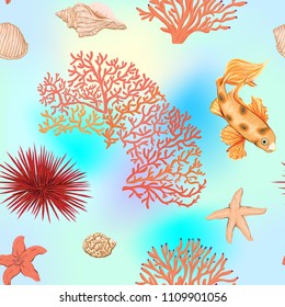 Sea world seamless pattern, background with fish, corals and shells on blue sea background. Stock vector illustration.