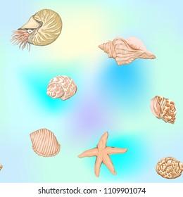 Sea world seamless pattern, background with shells on blue sea background. Stock vector illustration.