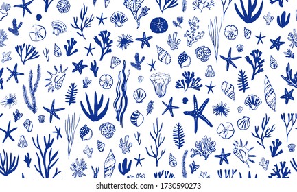 Sea World Seamless Pattern, Background With Sea Shells And Marine Plants, Summer Time Design