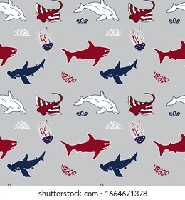 Sea world seamless pattern: shark, dolphin, stingray and shark hammer, jellyfish. Use for backgrounds, prints on fabric, paper, etc.