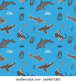 Sea world seamless pattern: shark, dolphin, stingray and shark hammer, jellyfish. Use for backgrounds, prints on fabric, paper, etc.