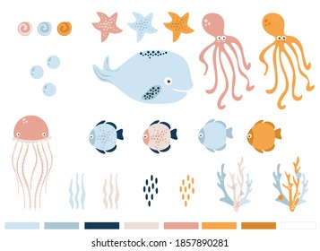 sea world, set of sea elements (whale, fish, jellyfish, squid, star, seashell, algae), vector illustration