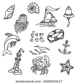 Sea world set Vector illustration black and white for coloring