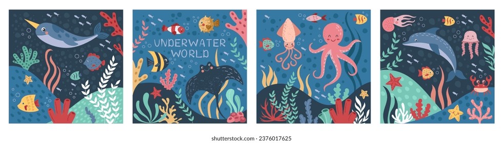 Mundo marino. Animales submarinos oceánicos, naturaleza marina, peces, bajo caparazón acuático, habitante acuario. Tarjetas cuadradas, huellas marinas. Diseño de afiches. Ilustración aislada de dibujos animados de estilo plano