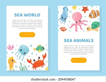 Sea world web banners set. Cute marine animals landing page, mobile application template vector illustration