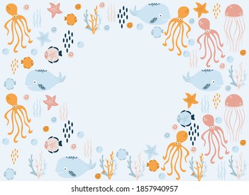sea world (whale, fish, jellyfish, squid, star, seashell, algae, coral), vector illustration