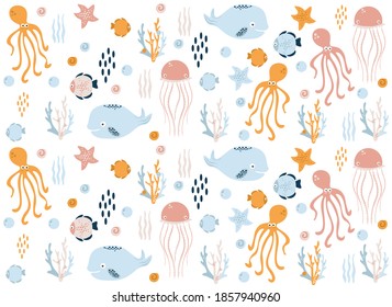 sea world (whale, fish, jellyfish, squid, star, seashell, algae, coral), vector illustration. baby cute card with fish