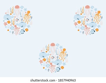 sea world (whale, fish, jellyfish, squid, star, seashell, algae, coral), vector illustration