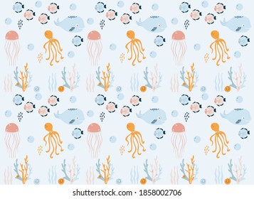 sea world (whale, fish, jellyfish, squid, star, seashell, algae, coral), vector illustration