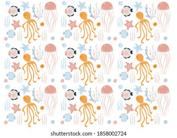 sea world (whale, fish, jellyfish, squid, star, seashell, algae, coral), vector illustration