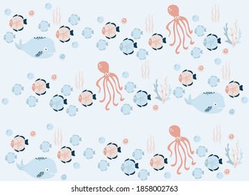 sea world (whale, fish, jellyfish, squid, star, seashell, algae, coral), vector illustration
