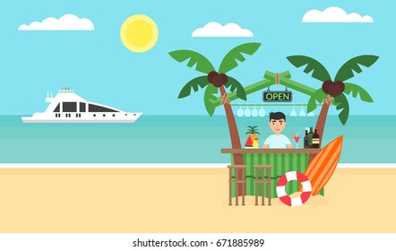 Sea, yacht, bar and a palm tree. Vacation at the ocean. Modern flat design. Vector illustration. Summer background - sunset beach.