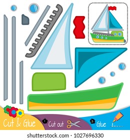 Sea yacht with blue sails. Education paper game for preshool children. Vector illustration.