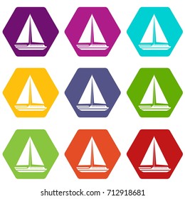 Sea yacht icon set many color hexahedron isolated on white vector illustration