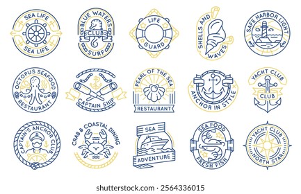 Sea and yacht logos, labels, icons. A set of 15 sea logotypes. Yacht, cruise, octopus, captain, sea horse, crab. Ideal for branding yacht clubs, restaurants, cruises. Vector illustration