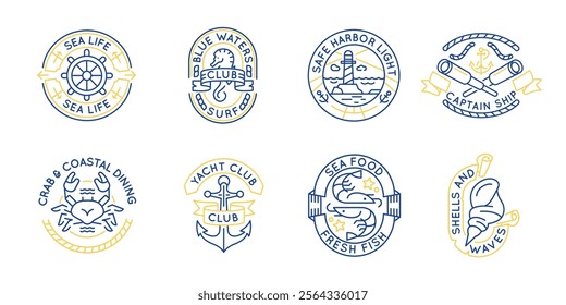 Sea and yacht logos, labels, icons. A set of 8 sea logotypes. Yacht, cruise, octopus, captain, sea horse, crab. Ideal for branding yacht clubs, restaurants, cruises. Vector illustration