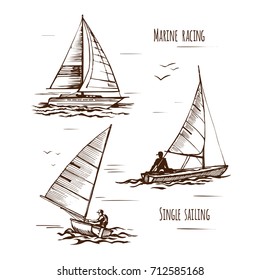 Sea yachting single yachts. Active people. Extreme lifestyle. Travels. Competitions on the water. A set of boats and elements. A vector hand drawn sketch.