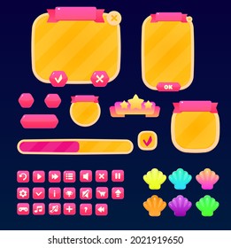 Sea Yellow Shell Game UI Set Windows Buttons Items Vector Design