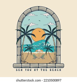 Sea You At The Beach Vector, Summer Vector File. beach text with waves, a palm, mountains and sun vector illustrations. For t-shirt prints, posters and other uses.. Beach vibes artwork