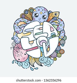 Sea you. Cute cartoon animal. Vector clip art illustration for children design, cards, prints, coloring books. Grungy kawaii image