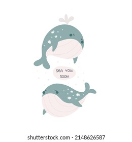 Sea you soon. cartoon whale, hand drawing lettering. colorful vector illustration, flat style. Baby design for cards, print, posters, logo, cover