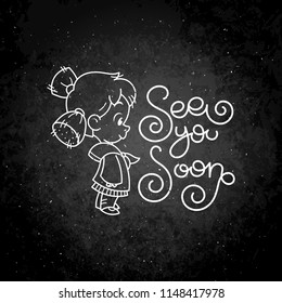 Sea you soon. Cutest kid in sailor suit. Illustration isolated on white background. Design element for print, t-shirt, poster, card, banner. Vector illustration. Chalk on a blackboard
