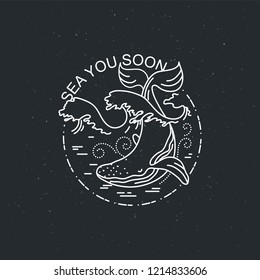 Sea you soon. Huge Whale with sun ocean. Nature exploration poster or label