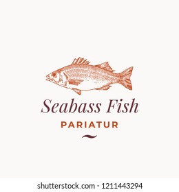 Seabass Fish Abstract Vector Sign, Symbol Or Logo Template. Hand Drawn Sea Bass Sketch With Classy Retro Typography. Premium Vintage Vector Emblem. Isolated.