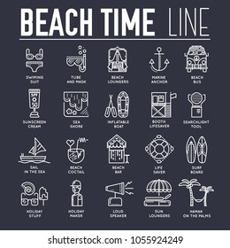 Seabeach with items for summer activities vector outline concept. Different equipment for summer activities on seashore.  thin line illustration. Banner with typography slogan text design