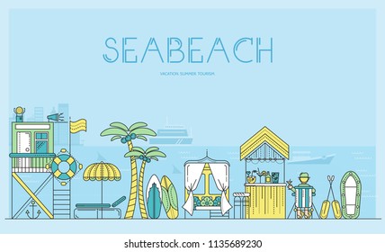 Seabeach with items for summer activities vector outline concept. Different equipment for summer activities on seashore.  thin line illustration. Banner with typography slogan text design. 