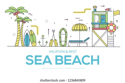 Seabeach with items for summer activities vector outline concept. Different equipment for summer activities on seashore.  thin line illustration