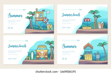 Seabeach with items for summer activities vector outline. Different equipment for summer activities on seashore.  thin line illustration. Banner with typography, web banner, ui header, enter site