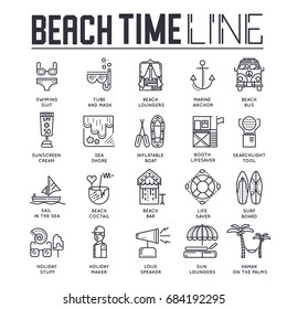 Seabeach with items for summer activities vector outline concept. Different equipment for summer activities on seashore.  thin line illustration. Banner with typography slogan text design. 