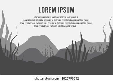 Seabed in abstract style on background. Sea landscape. Flat cartoon. Underwater world. Nature landscape template. Beautiful poster for concept design. Silhouette, wallpaper. Minimalism, monochrome.