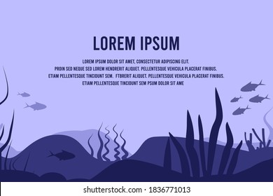 Seabed in abstract style on background. Sea landscape. Flat cartoon vector illustration. Underwater world. Nature landscape template. Beautiful poster for concept design. Silhouette, wallpaper.