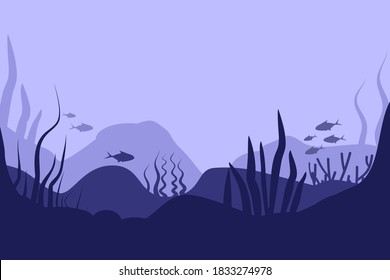 Seabed in abstract style on deep blue background. Sea landscape. Flat cartoon vector illustration. Underwater world. Nature landscape template. Beautiful poster for concept design. wallpaper.