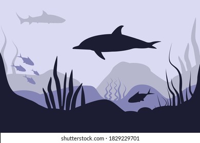 Seabed in abstract style. Sea landscape. Flat cartoon. Underwater world. Nature landscape template. Beautiful poster for concept design. Background. wallpaper. Minimalism, monochrome.