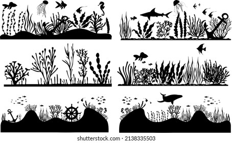 seabed with algae and fish, ocean bottom silhouette isolated vector