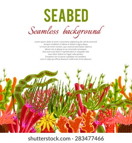 Seabed background with corals and seaweed seamless border vector illustration