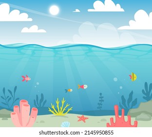 Seabed background with seaweeds and fishes. Underwater tropical seascape. Cartoon ocean floor.