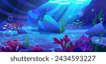 Seabed with corals and weeds, stones and bubbles. Deep underwater sea, ocean or aquarium sand bottom with marine plants and fishes. Cartoon nautical floor landscape with tropical aquatic creatures.