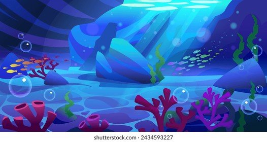 Seabed with corals and weeds, stones and bubbles. Deep underwater sea, ocean or aquarium sand bottom with marine plants and fishes. Cartoon nautical floor landscape with tropical aquatic creatures.