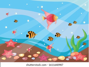 Seabed with fish, algae, starfish and pebbles - vector illustration, eps