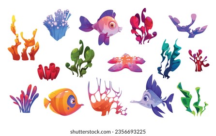 Seabed fish and seaweed set isolated on white background. Vector cartoon illustration of coral reef, starfish, exotic plants, colorful underwater flora and fauna species, aquarium design elements