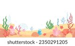 Seabed horizontal seamless border, underwater world with corals, seashells and seaweed. Cartoon ocean floor scene, sea bottom, undersea marine life vector illustration on transparent background