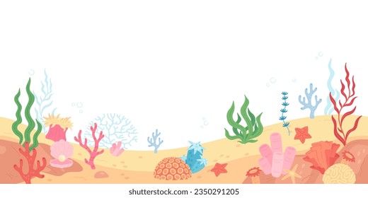 Seabed horizontal seamless border, underwater world with corals, seashells and seaweed. Cartoon ocean floor scene, sea bottom, undersea marine life vector illustration on transparent background