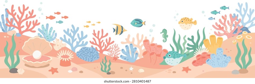 Seabed horizontal seamless border, underwater world with corals, seashells and seaweed. Cartoon ocean floor scene, sea bottom, undersea marine life
