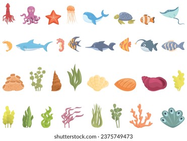 Seabed icons set cartoon vector. Wild marine. Underwater animals