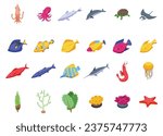 Seabed icons set isometric vector. Wild fish sea. Marine ocean shells