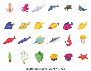 Seabed icons set isometric vector. Wild fish sea. Marine ocean shells